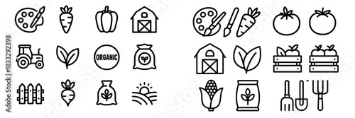 Outline symbols representing farming, agriculture, gardening, organic food, and sustainable living
