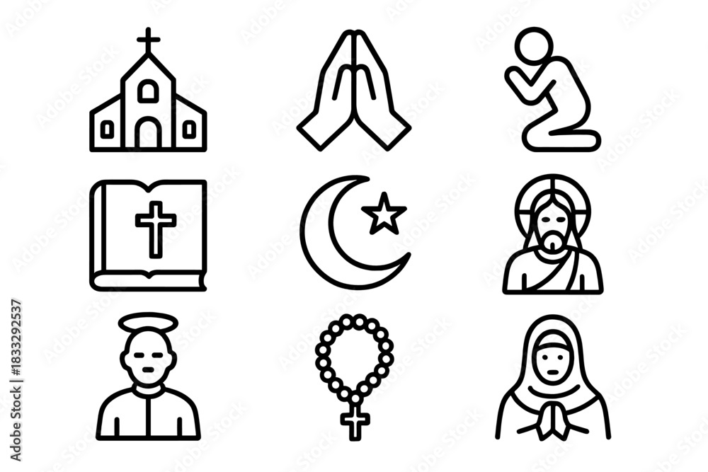 Obraz premium Essential set of religious symbols and spiritual icons including church, prayer, and holy figures