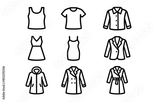 Essential women's fashion garments represented by minimalist outline icons including shirts dresses jackets and coats