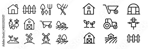 Set of essential symbols representing farm life and agricultural production