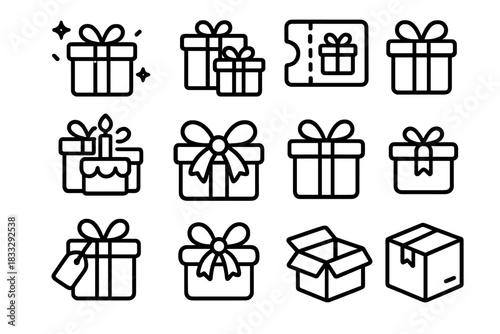 Outline symbols of wrapped presents, birthday cake, discount coupons, and delivery packages