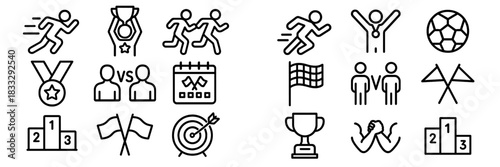 Outline icons set depicting sports competition, winning, awards, and athletic events