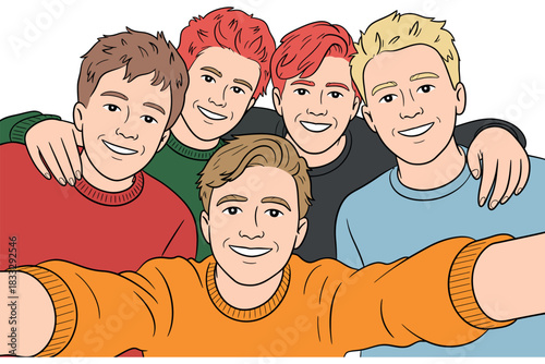 A group of five young men smile together while taking a selfie with their arms around each other.