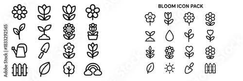 Minimalist outline icons of flowers, seedlings, gardening tools, and natural elements like sun and rainbow
