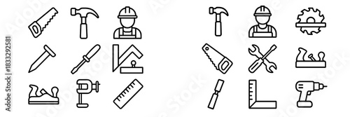 Construction and carpentry tools including hammer, saw, wrench, screwdriver, and drill