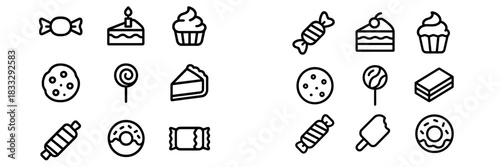 Minimal black outline symbols representing sweet desserts, baked goods, and confectionery