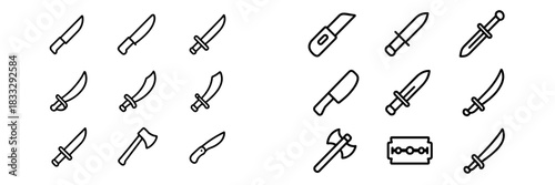 Sharp objects and bladed weapons collection including knives, swords, and axes