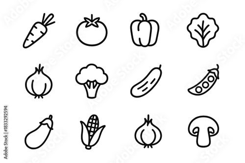 Minimalist black line icons featuring a variety of fresh vegetables and healthy organic food