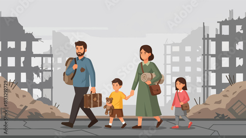 Flat vector illustration of a displaced family traveling with belongings, symbolizing migration, safety, and humanitarian response needs