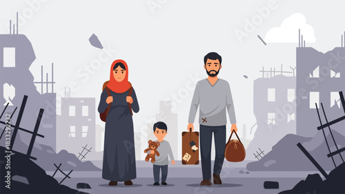 Flat vector illustration of a displaced family traveling with belongings, symbolizing migration, safety, and humanitarian response needs