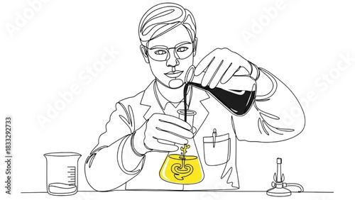 Continuous black outline art of chemical engineer handling flasks with chemical solutions, laboratory safety illustration