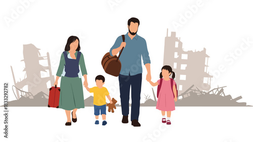 Flat vector illustration of a displaced family traveling with belongings, symbolizing migration, safety, and humanitarian response needs
