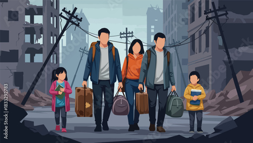 Flat vector illustration of a displaced family traveling with belongings, symbolizing migration, safety, and humanitarian response needs