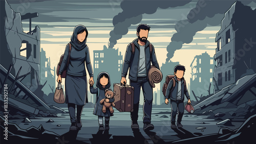 Flat vector illustration of a displaced family traveling with belongings, symbolizing migration, safety, and humanitarian response needs