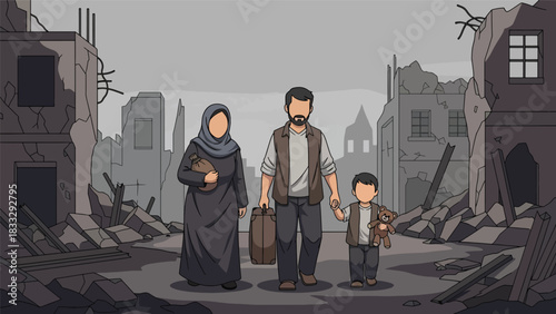 Flat vector illustration of a displaced family traveling with belongings, symbolizing migration, safety, and humanitarian response needs