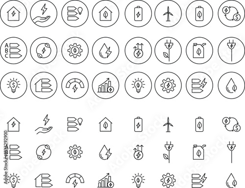 Energy saving eco power icon set collection in black line style, sustainability electricity efficiency symbols pack with renewable green energy illustrations, environmental resource graphic elements