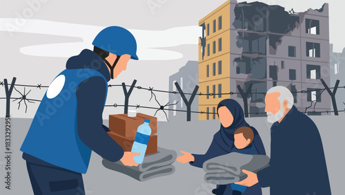Flat vector illustration of aid workers distributing food and medical supplies to affected people, ideal for nonprofit, charity, and relief themes
