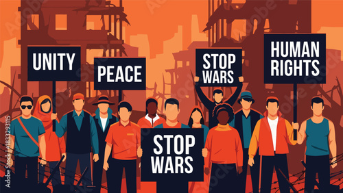 Flat vector illustration of diverse people holding peace and unity signs during a calm demonstration, ideal for activism, rights, and social change themes
