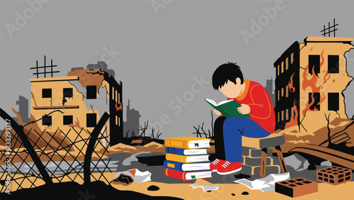 Modern flat illustration showing a child trying to learn in an unstable environment symbolizing disruption due to global tensions