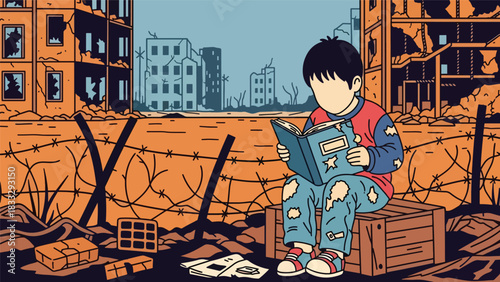 Modern flat illustration showing a child trying to learn in an unstable environment symbolizing disruption due to global tensions