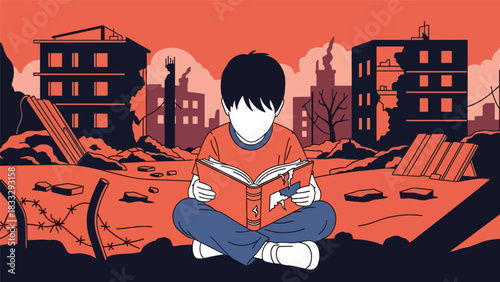 Modern flat illustration showing a child trying to learn in an unstable environment symbolizing disruption due to global tensions