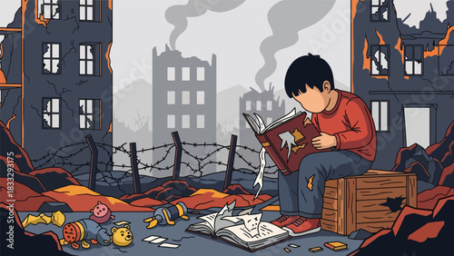 Modern flat illustration showing a child trying to learn in an unstable environment symbolizing disruption due to global tensions
