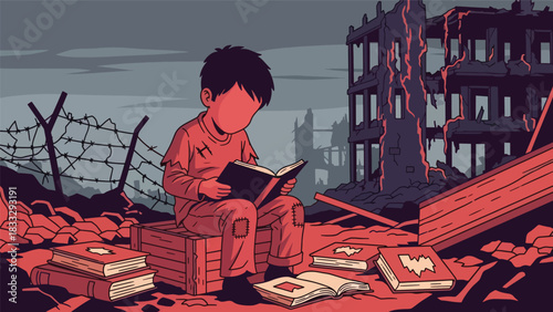 Modern flat illustration showing a child trying to learn in an unstable environment symbolizing disruption due to global tensions
