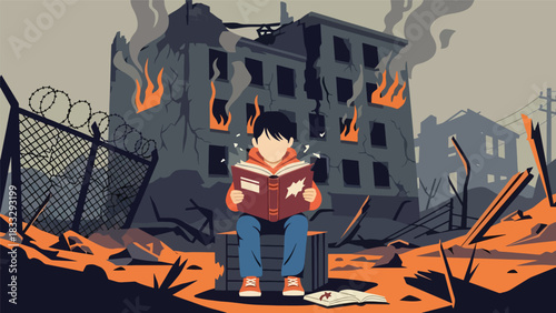 Modern flat illustration showing a child trying to learn in an unstable environment symbolizing disruption due to global tensions