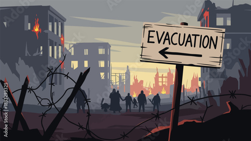 Flat vector illustration of civilians following emergency evacuation signs and guidance, ideal for awareness material and safety education