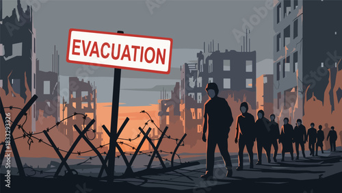 Flat vector illustration of civilians following emergency evacuation signs and guidance, ideal for awareness material and safety education