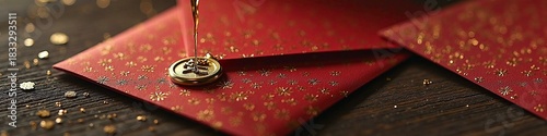 Traditional red envelopes with gold wax seal and floral patterns