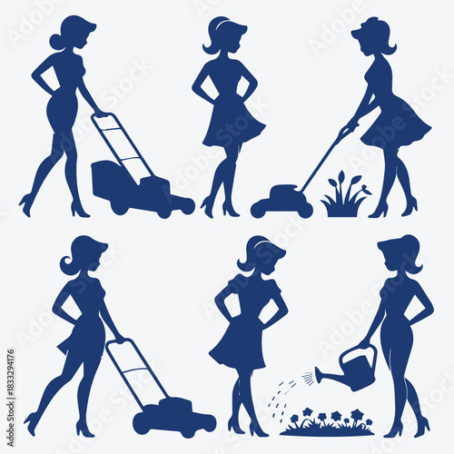 Classic Retro Pin-up Girl Silhouettes Doing Yard Work and Gardening Chores