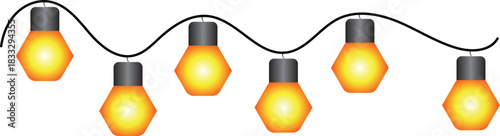 A festive garland of glowing yellow electric light bulbs hanging on a wavy string. A simple vector illustration for party decoration or festive design elements