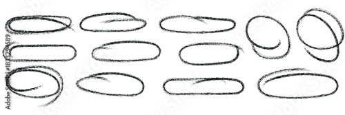 Hand drawn red pen highlight round oval frame set. Handwritten red marker, pencil scribble stroke line oval frame. Brush round frame highlight. Grunge scratch style set. Vector illustration. scribble 