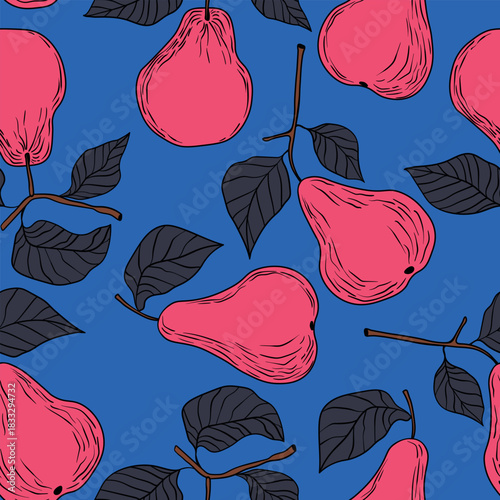 Seamless pattern with pear on color background. Natural delicious fresh ripe tasty fruit. Sweet pears with leaves. Food concept. Vector illustration for print, fabric, textile.
