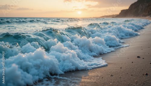 Fototapeta Naklejka Na Ścianę i Meble -  Ocean waves crashing on sandy beach at sunset landscape view