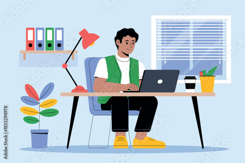 A person works on a laptop at a desk in a home office setting with a plant and window.