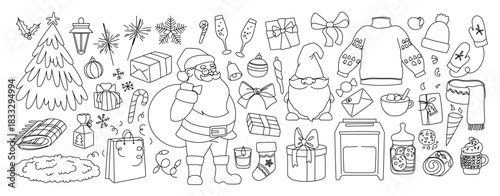 Christmas doodle line art set