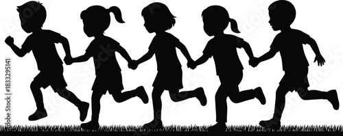 Five diverse children silhouettes holding hands and running together in a line, symbolizing friendship, teamwork, and childhood fun.