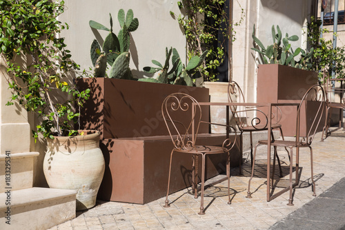 Bar or café with iron furniture - tables , chairs and benches - outside on the street decorated with green plants in terracotta pots and succulents 