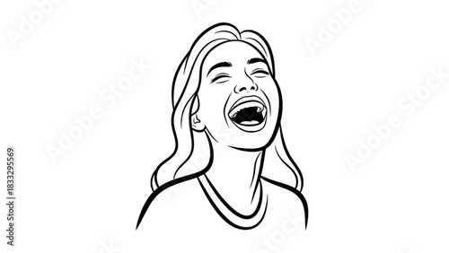 High-quality black outline art of a person laughing, eyes closed, mouth wide open, joyful expression, minimal line drawing, happy human portrait