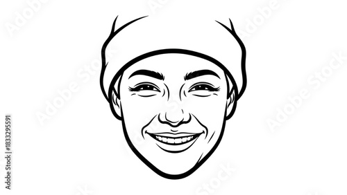 High-quality black outline art of a smiling person, gentle eye creases, relaxed mouth, warm expression, minimal line drawing, portrait illustration on white background