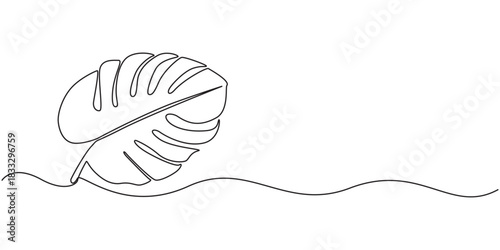 Monstera leaf continuous one line drawing and leaf icon isolated flat vector illustration, One continuous line drawing monstera leaf vector illustration. Tropical leaf monoline design, minimalist line
