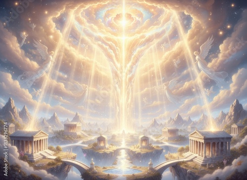 Angelic Realm: Golden Light Descends Upon Ancient Temples in a Celestial Paradise of Clouds and Mountains