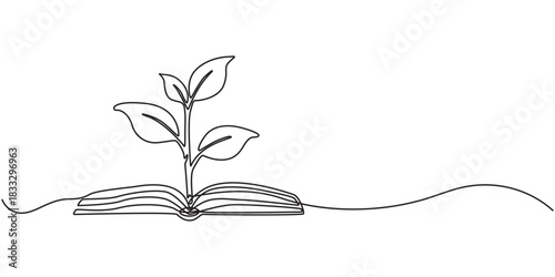 Opened book with sprout plant continuous one line drawing, Opened book with sprout plant in one continuous line drawing . Education study and knowledge concept in simple linear style. Growing wisdom
