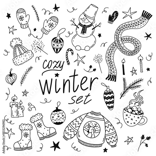 doodle set cozy winter items and holiday elements, warm sweater, mittens, scarf, boots, hat, stars, cup with marshmallows, fir branches, lit candles, Christmas ornaments isolated on white background