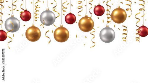 Festive christmas ornaments and golden streamers on black background