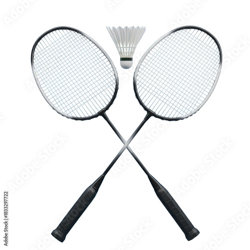 Two badminton rackets crossed over a shuttlecock on a black background