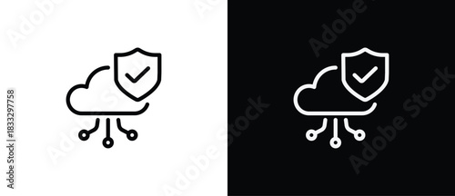 Web protection icon. Cloud storage protection. Cybersecurity linear icon. Network Security, thin vector lines on a transparent and black background. Editable stroke.