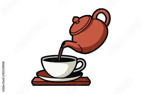 Red teapot pouring coffee into a white cup and saucer